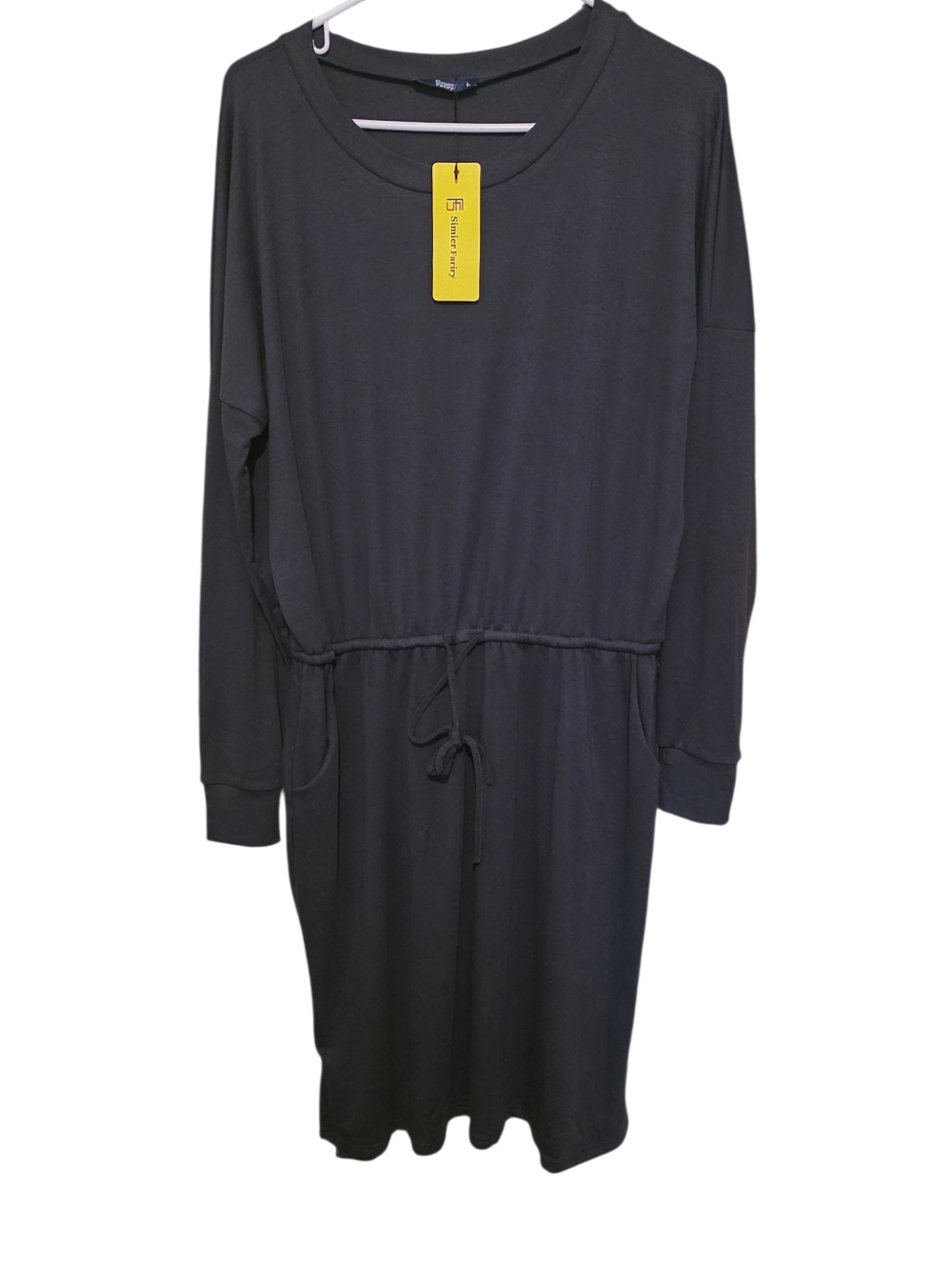 Simier Fariry NWT Navy Blue Casual Drawstring Waist Midi Dress Longsleeve Size L